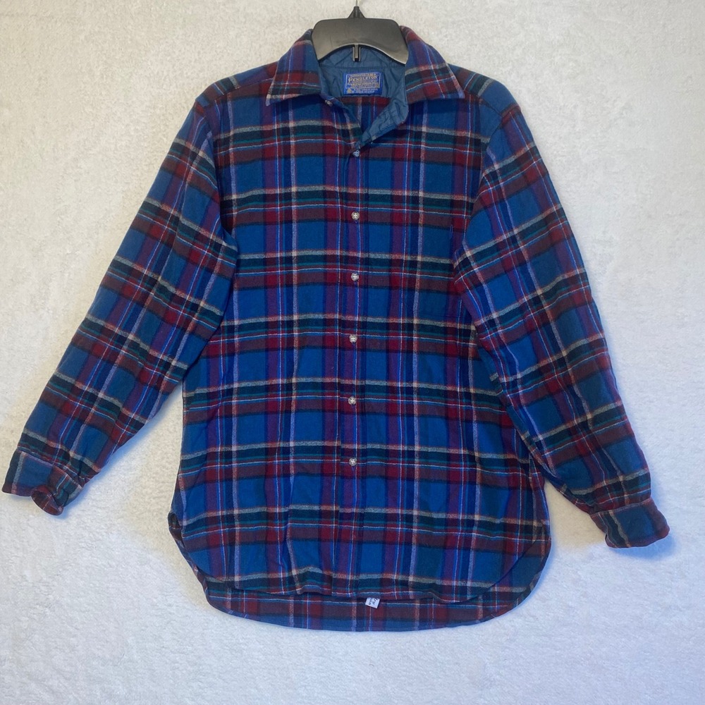 Pendleton Pure Virgin Wool Plaid Flannel Shirt Mens Size M Elbow Patches‎